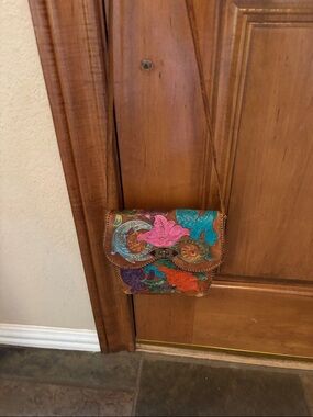 Colorful Tooled Leather Crossbody Bag - Pink & Teal Accents